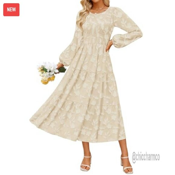 Boho Floral Midi Dress Long Sleeve Crewneck Flow Wedding Guest - Picture 2 of 8